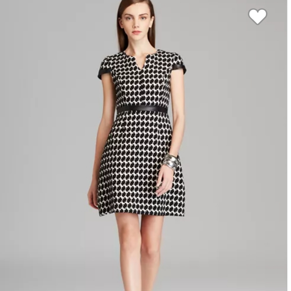 Shoshanna Black and White Leather Trim Houndstooth Jacquard Dress 10